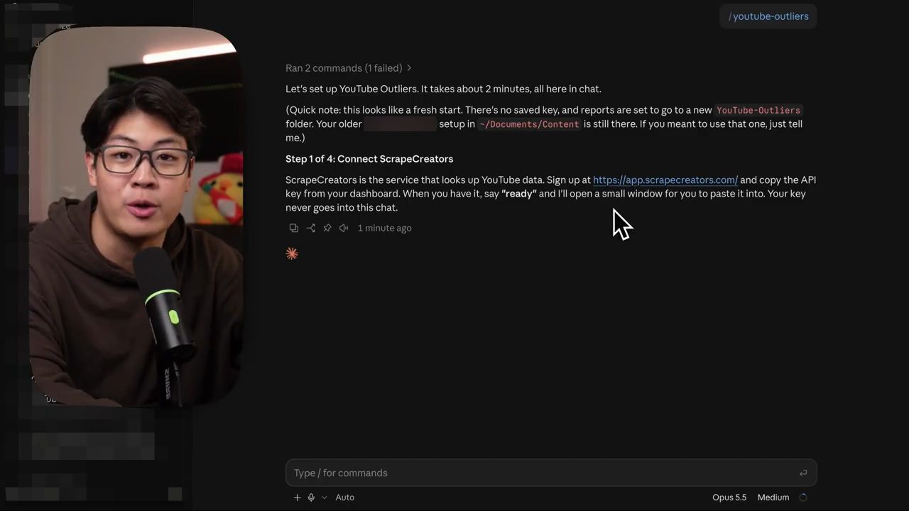 Claude Code hiển thị Step 1 of 4: Connect ScrapeCreators với link đăng ký và hướng dẫn nói ready