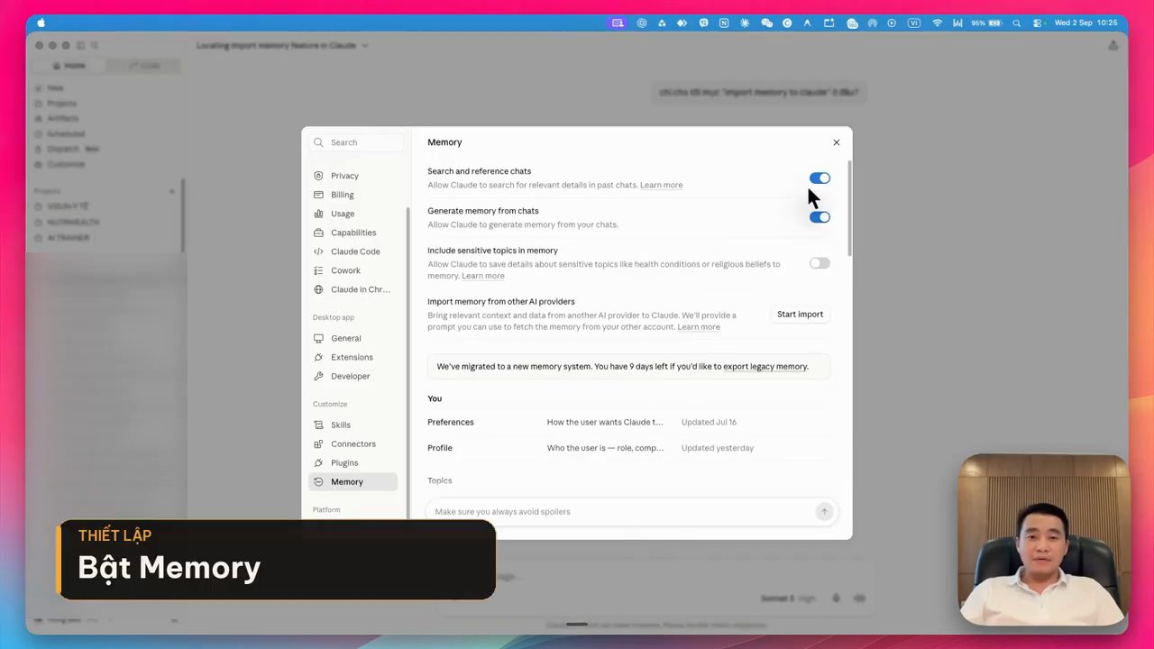 Màn hình Settings, Memory với hai công tắc Search and reference chats và Generate memory from chats đang bật, nhãn Thiết lập Bật Memory