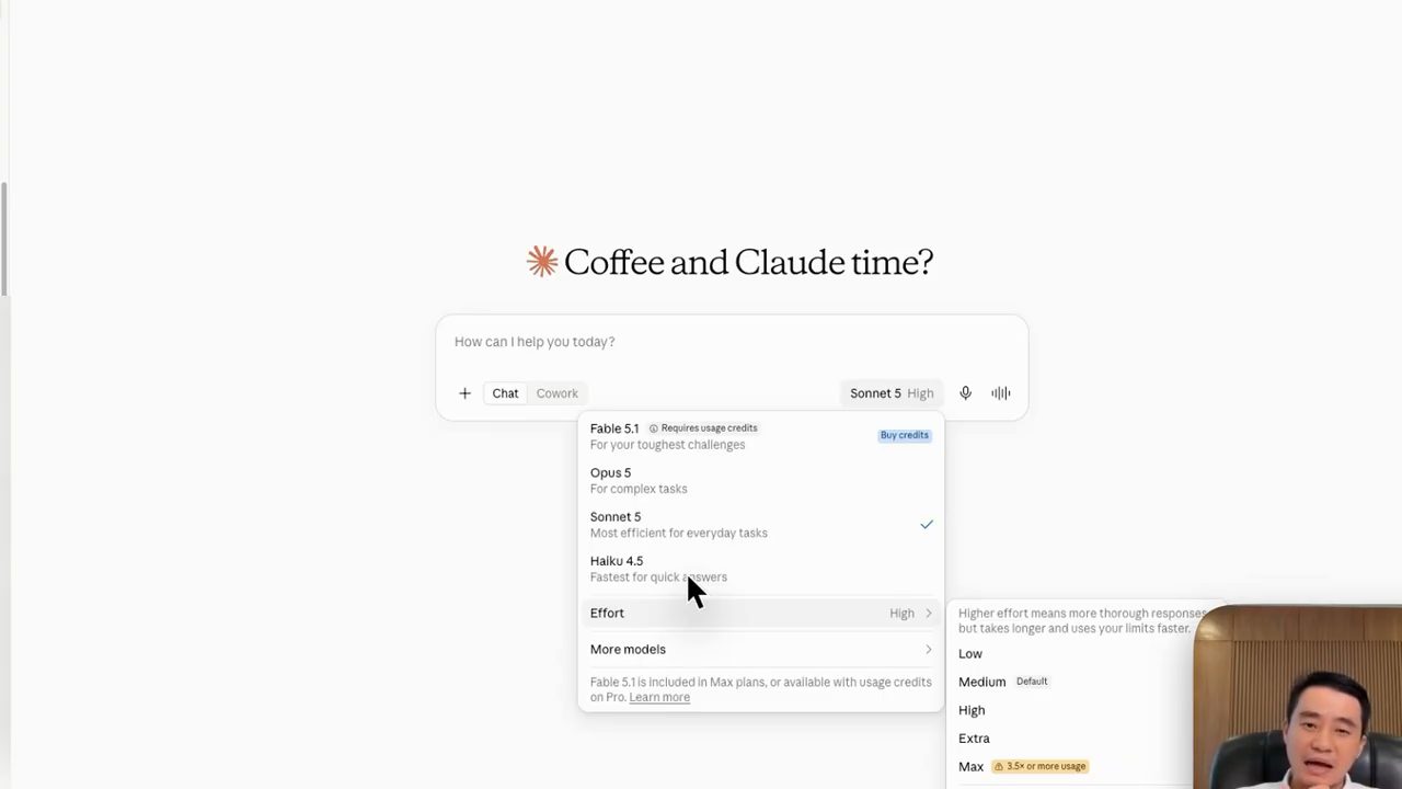 Menu chọn model mở dưới ô chat, liệt kê Fable 5.1, Opus 5, Sonnet 5, Haiku 4.5 và menu con Effort với các mức Low đến Max
