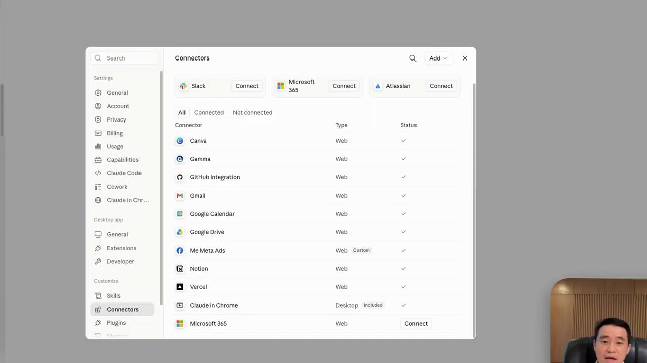 Màn hình Settings, Connectors liệt kê Canva, Gamma, GitHub Integration, Gmail, Google Calendar, Google Drive, Me Meta Ads, Notion, Vercel, Claude in Chrome