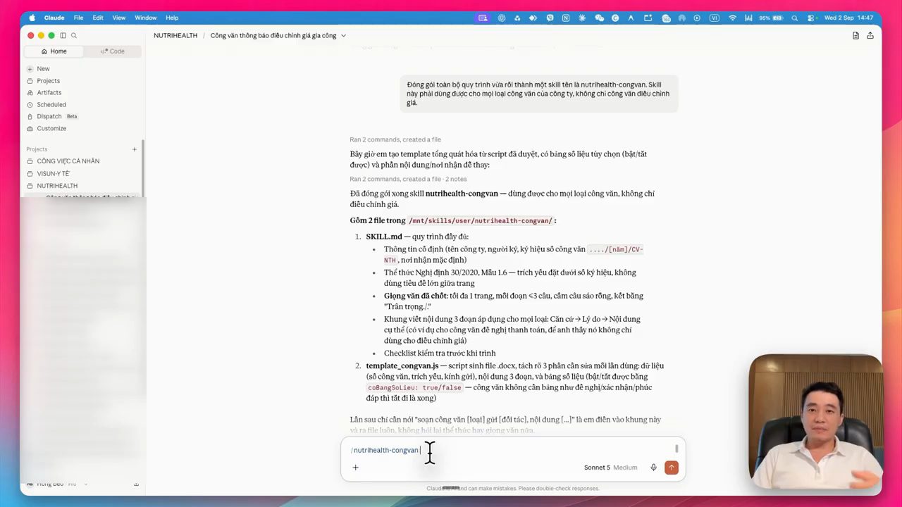 Claude báo đã đóng gói xong skill nutrihealth-congvan gồm SKILL.md và template_congvan.js, ô nhập có lệnh /nutrihealth-congvan
