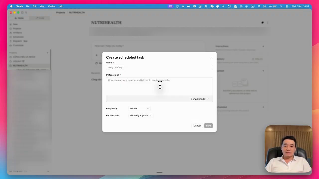 Hộp thoại Create scheduled task với các ô Name, Instructions, Default model, Frequency Manual, Permissions Manually approve