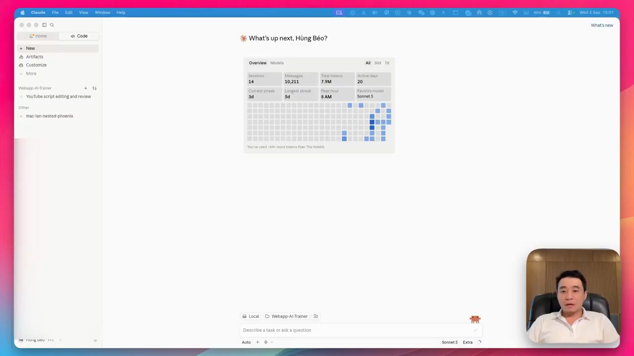 Thẻ Code trong ứng dụng Claude desktop với lời chào, bảng thống kê sử dụng và ô nhập Describe a task or ask a question, thư mục Webapp-AI-Trainer