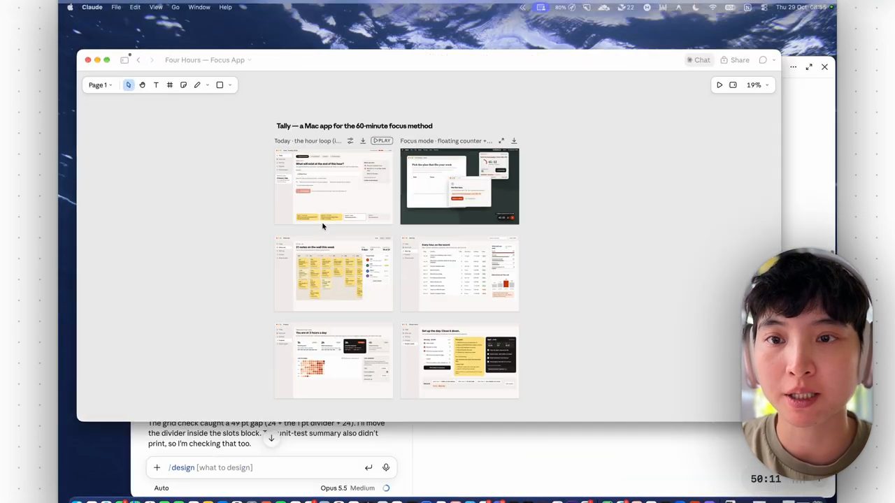 Canvas thiết kế của Claude với tiêu đề Tally, a Mac app for the 60-minute focus method và sáu màn hình