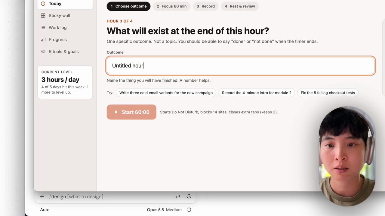 Bản thiết kế chạy thử: màn hình What will exist at the end of this hour với bốn bước Choose outcome, Focus 60 min, Record, Rest and review