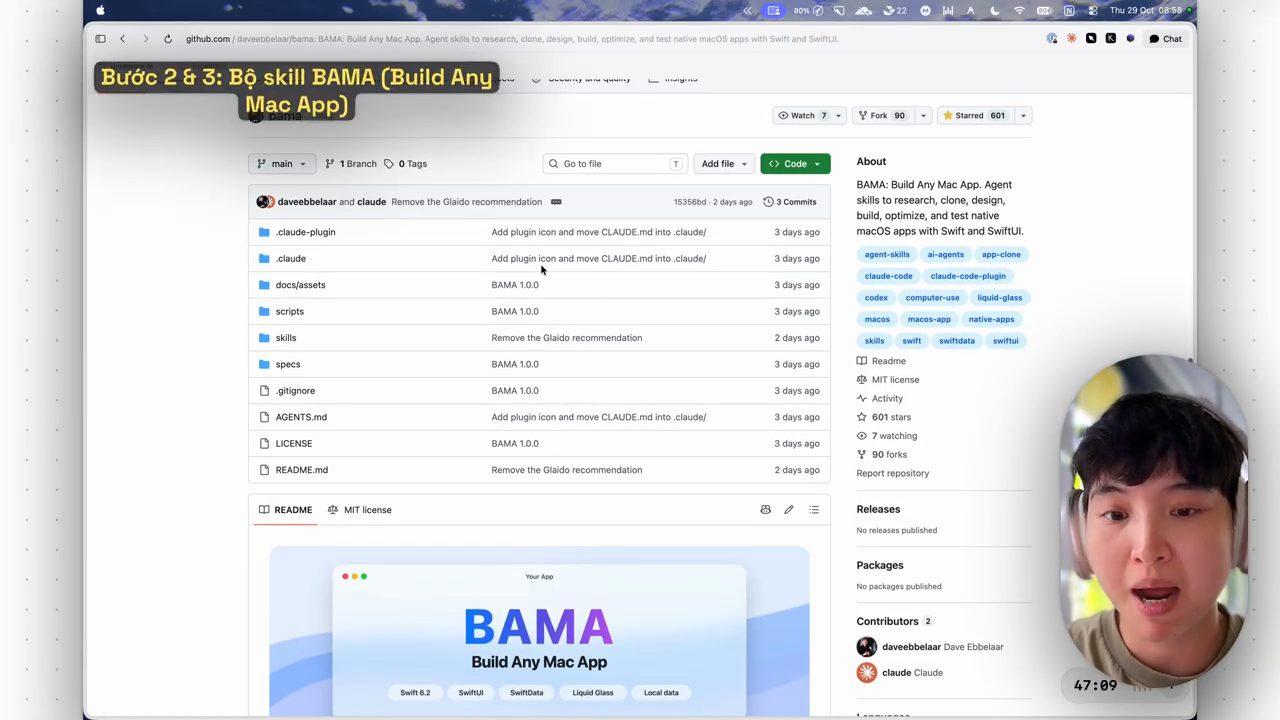 Trang GitHub của repo bama với phần About, các thư mục skills, specs, scripts và banner BAMA Build Any Mac App