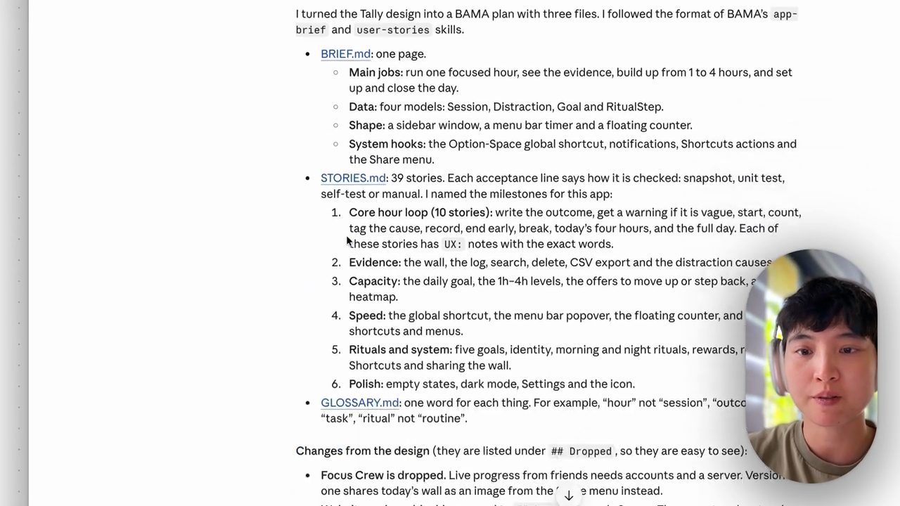 Bản tóm tắt của Claude: BRIEF.md, STORIES.md với 39 story chia sáu milestone, GLOSSARY.md
