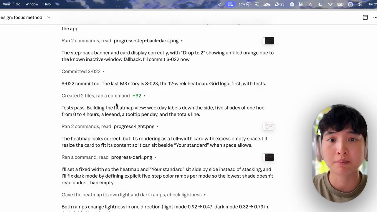 Cửa sổ Claude với các dòng read progress-light.png, read progress-dark.png và nhận xét về heatmap