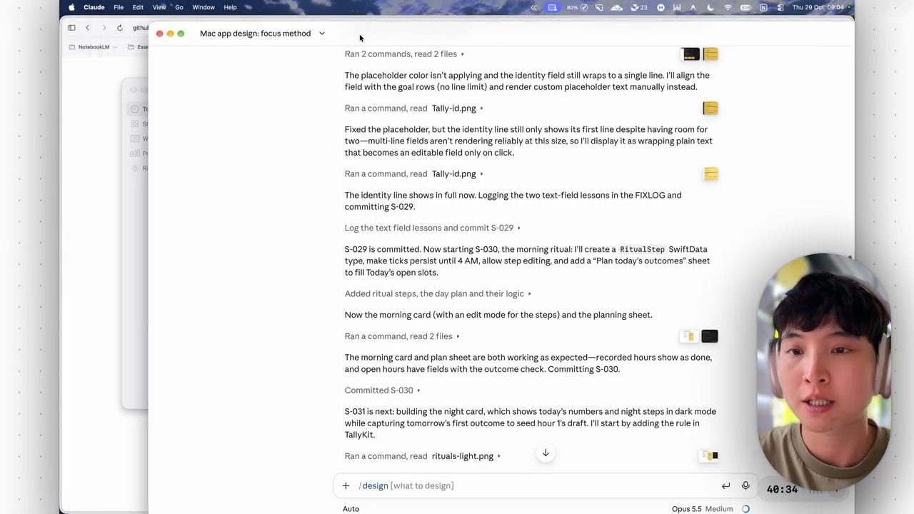 Cửa sổ Claude với dòng Logging the two text-field lessons in the FIXLOG and committing S-029