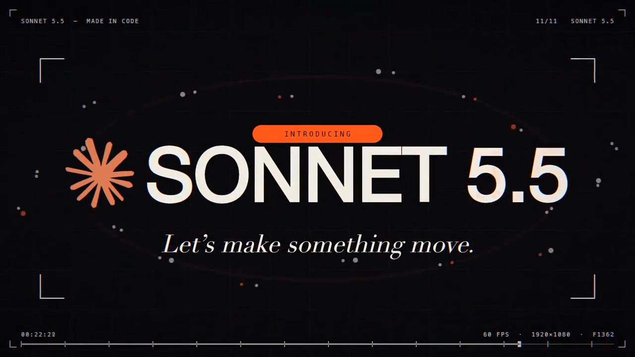 Màn kết của reel: logo Claude và chữ SONNET 5.5, dòng Let's make something move
