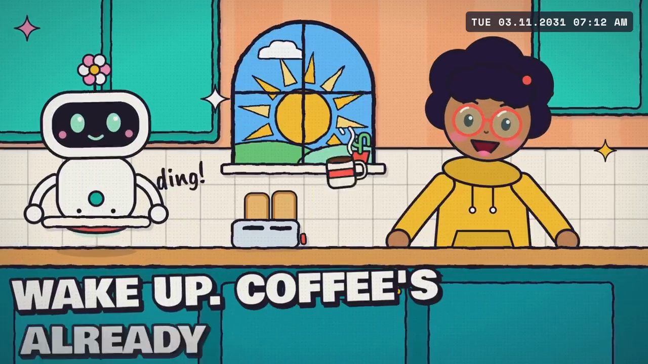 Cảnh music video: robot trắng có hoa trên đầu, cô gái áo vàng trong bếp, chữ WAKE UP. COFFEE'S ALREADY