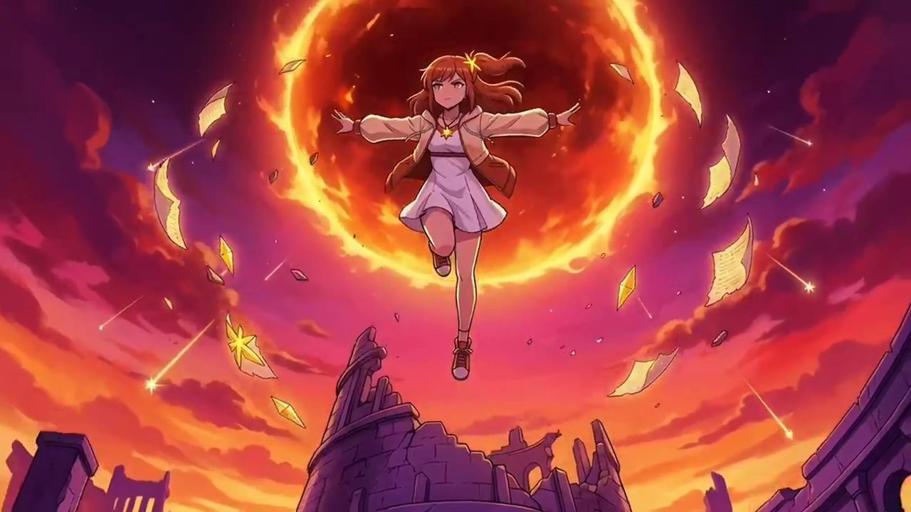 Cô gái anime tóc cam bay lên trên tàn tích, phía sau là vòng lửa lớn và những trang giấy bay