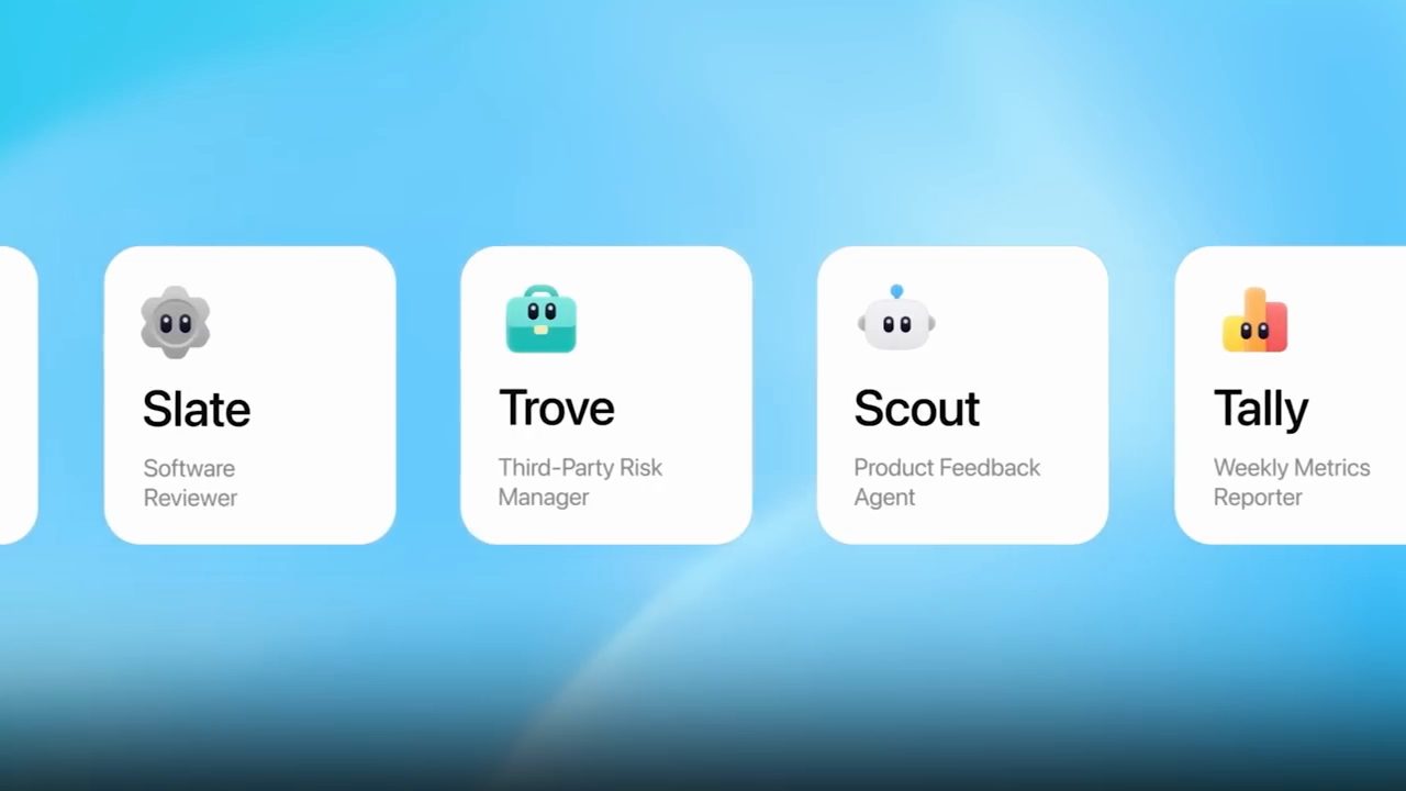 Bốn thẻ agent: Slate Software Reviewer, Trove Third-Party Risk Manager, Scout Product Feedback Agent, Tally Weekly Metrics Reporter