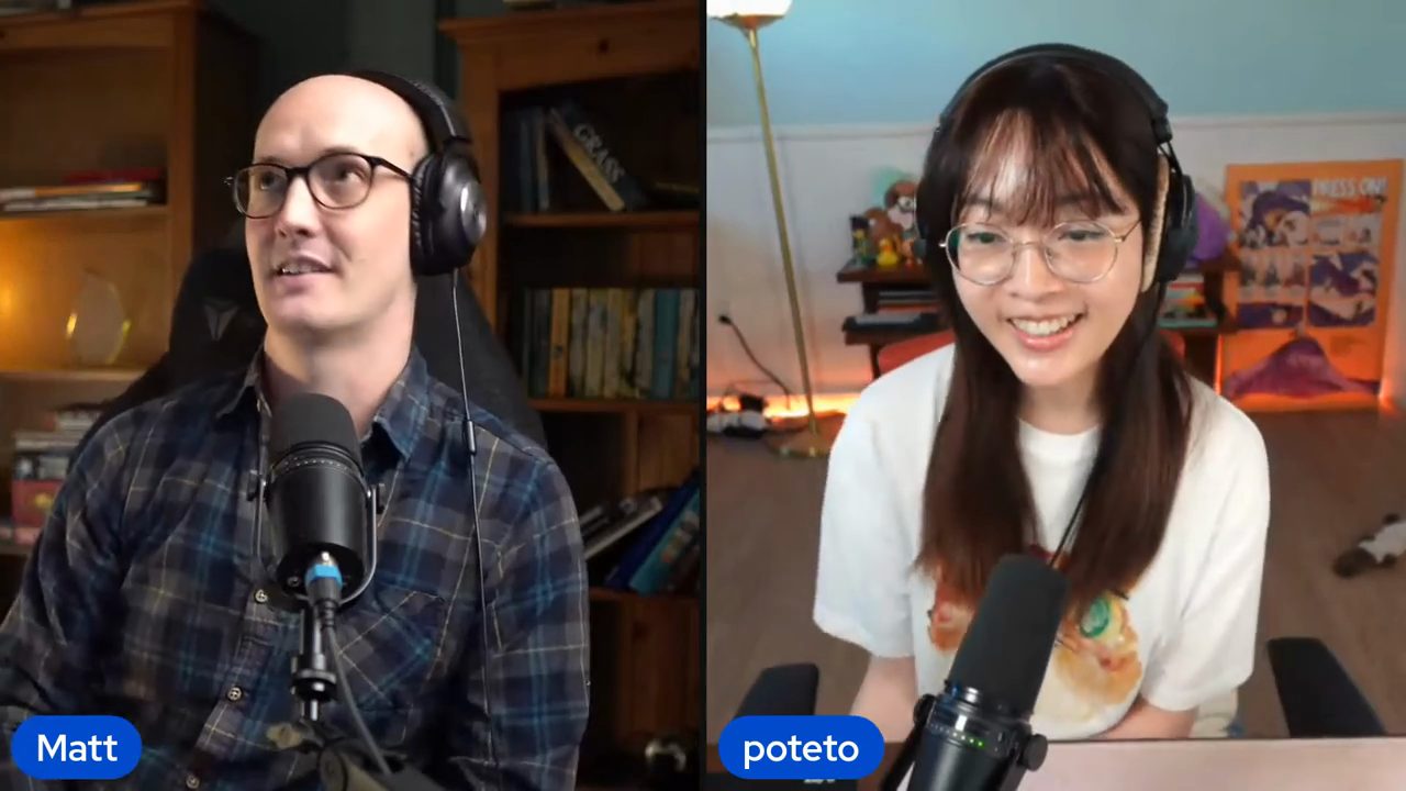 Màn hình chia đôi: Matt Pocock bên trái, Lauren Tan bên phải, hai người cùng cười lúc mở đầu buổi live