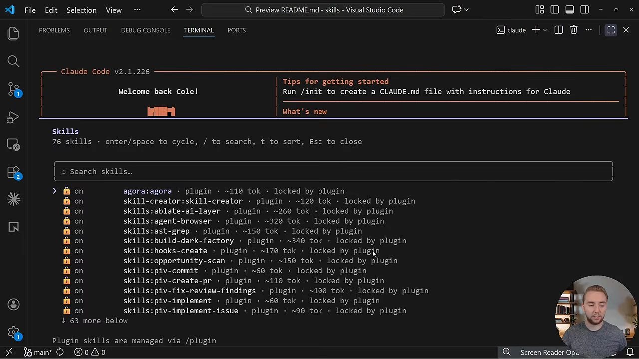 Danh sách skill trong Claude Code sau khi cài plugin