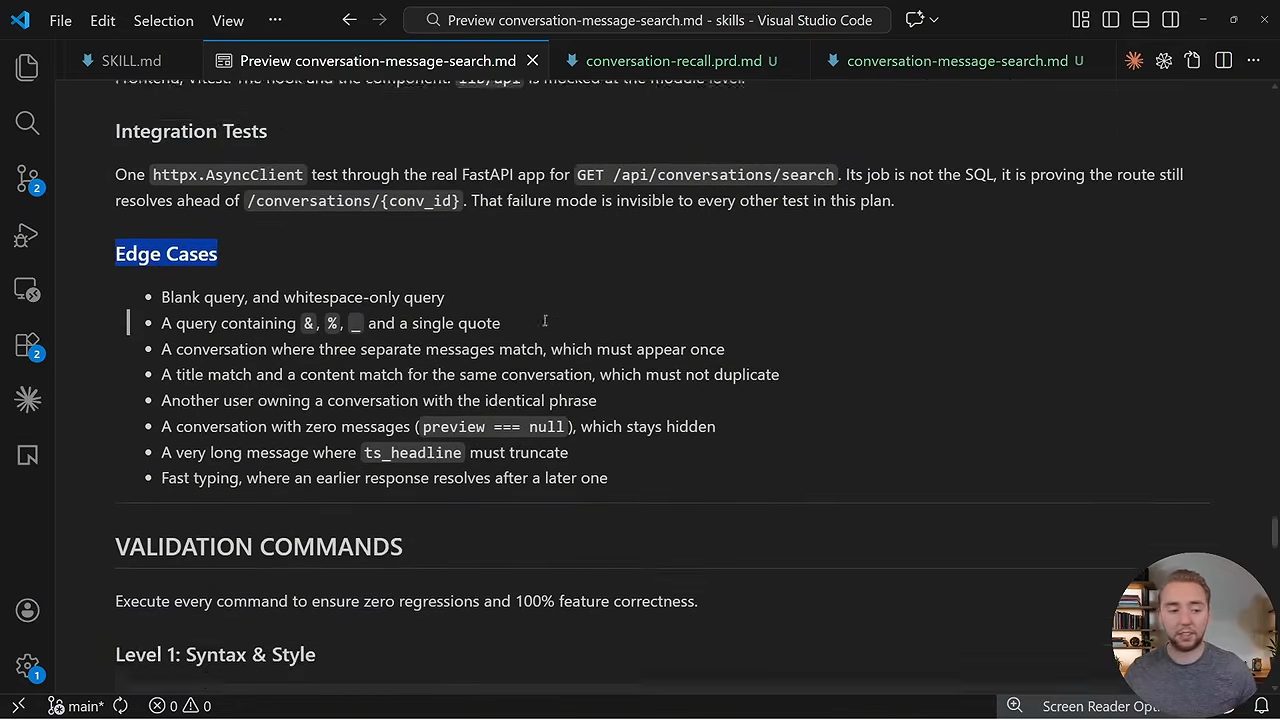 Phần Integration Tests, Edge Cases và Validation Commands trong plan