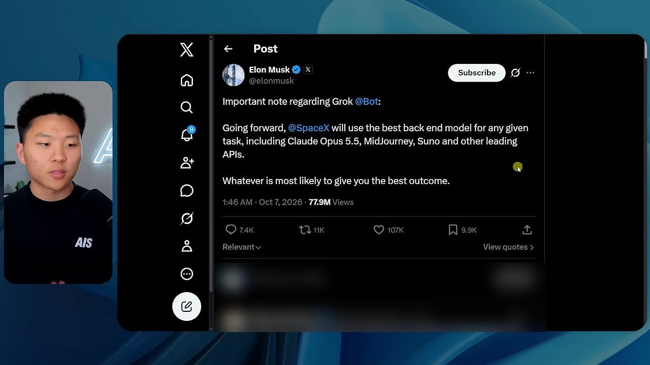 Bài đăng của Elon Musk trên X về việc Grok Bot dùng model backend tốt nhất cho từng task