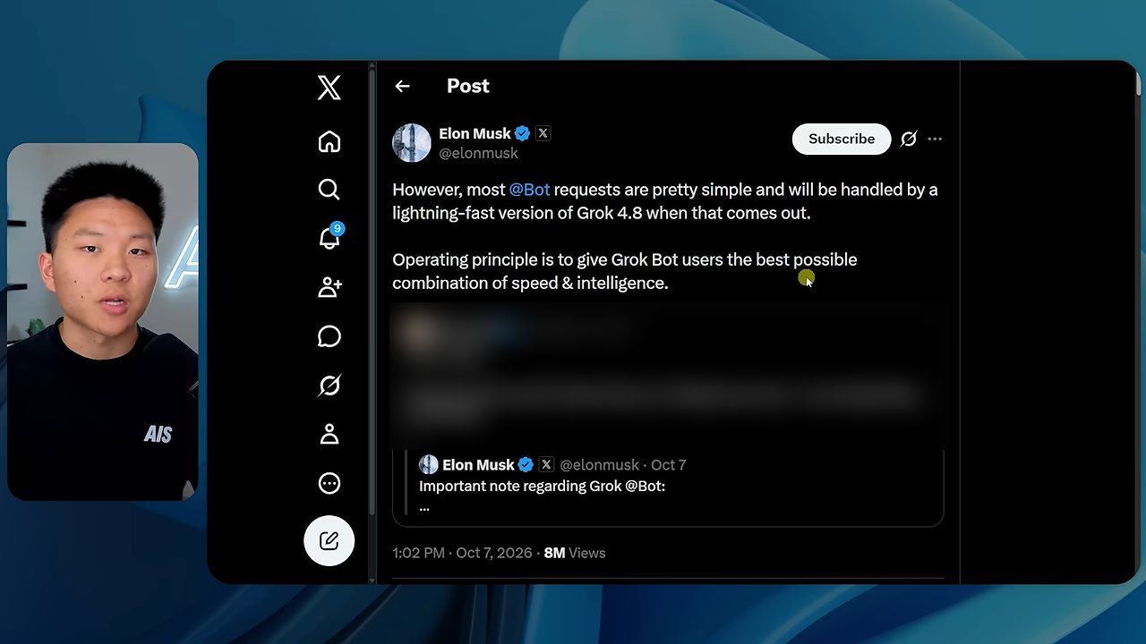 Bài đăng tiếp theo của Elon Musk nói phần lớn request sẽ do một bản Grok 4.8 nhanh xử lý
