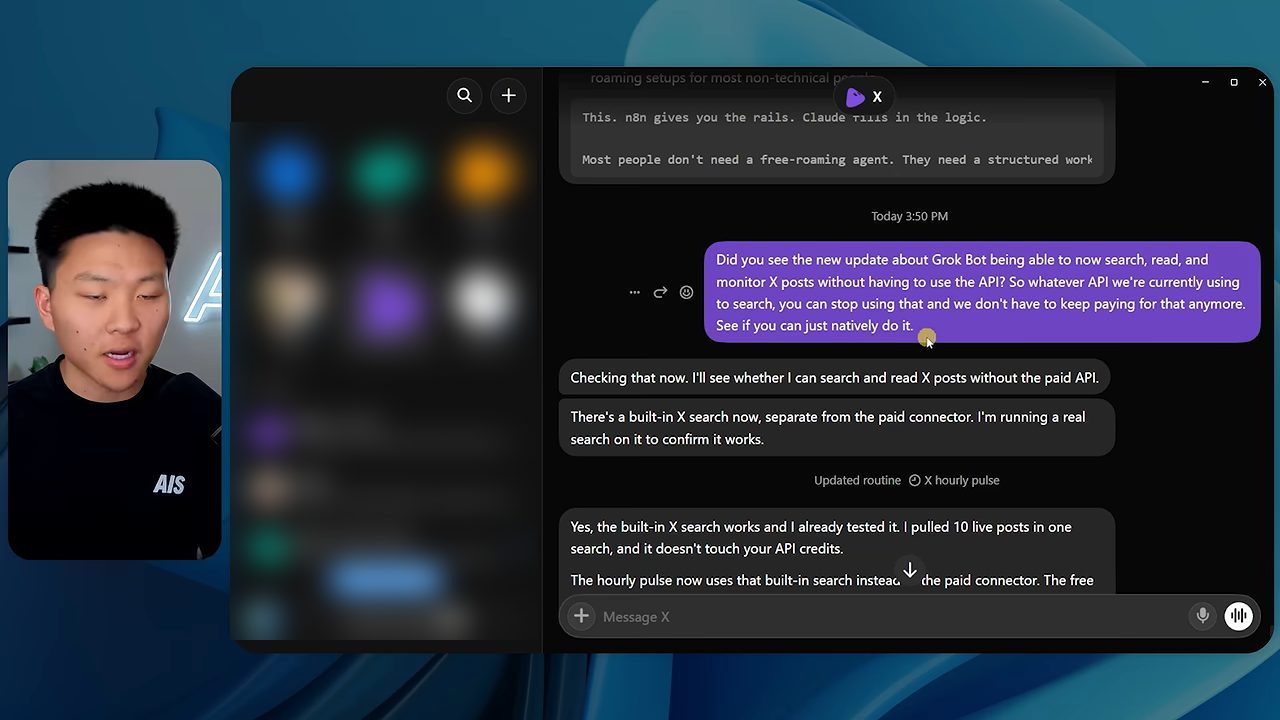 Nate nhắn bot X hỏi về update mới, bot xác nhận X search có sẵn chạy được và đã đổi routine