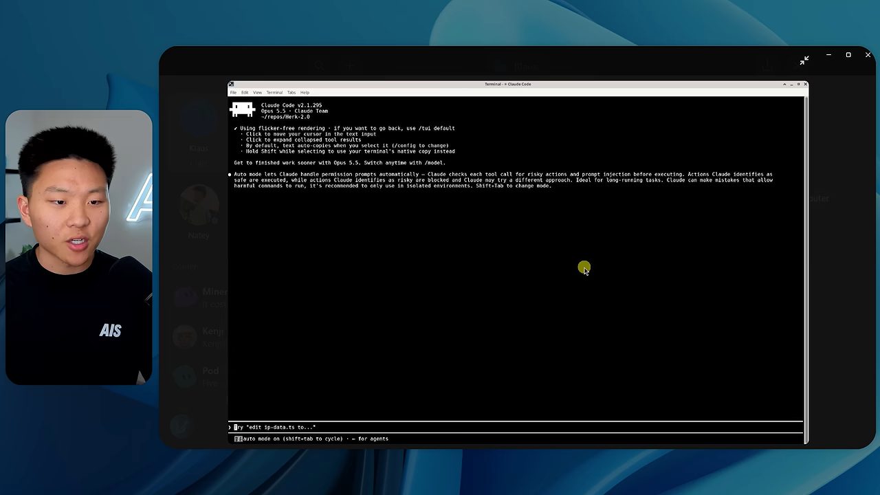 Terminal trên máy của bot đang chạy Claude Code với Opus 5.5 và gói Claude Team trong repo Herk-2.0