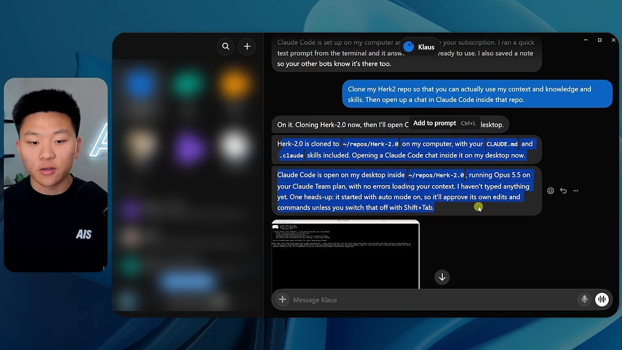 Bot Klaus clone repo Herk-2.0 rồi mở Claude Code trong repo đó trên gói Claude Team