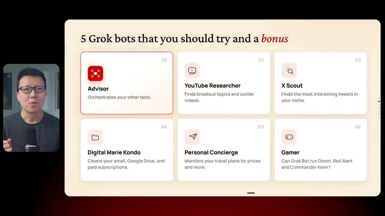 Slide 5 Grok bots that you should try and a bonus với sáu ô: Advisor, YouTube Researcher, X Scout, Digital Marie Kondo, Personal Concierge, Gamer
