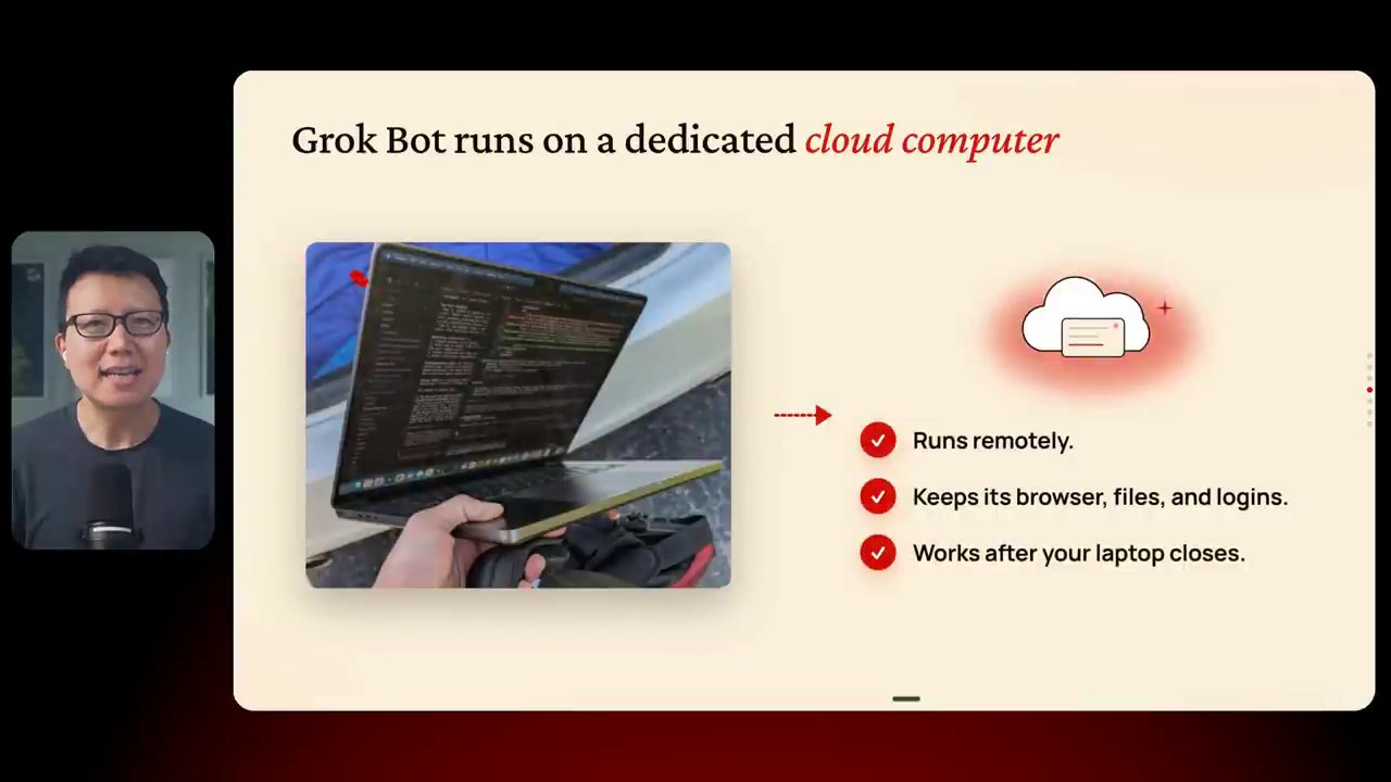Slide Grok Bot runs on a dedicated cloud computer: ảnh một người cầm laptop mở hé nắp, mũi tên sang biểu tượng đám mây và ba dấu tick