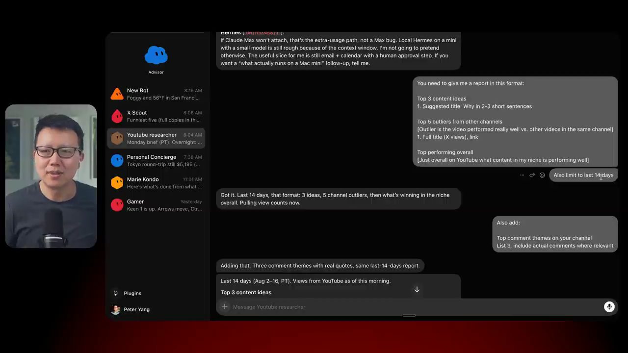 Chat với YouTube Researcher: tin nhắn yêu cầu format report, giới hạn 14 ngày và thêm chủ đề bình luận