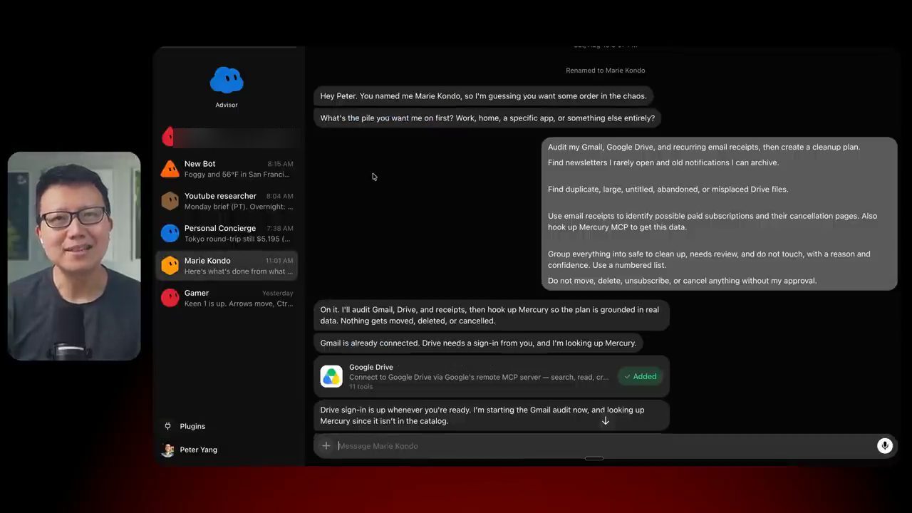 Chat với bot Marie Kondo: lời chào của bot, prompt audit và thẻ kết nối Google Drive