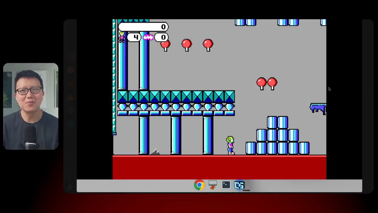 Commander Keen chạy trong virtual cloud computer, thanh dock phía dưới có Chrome và terminal