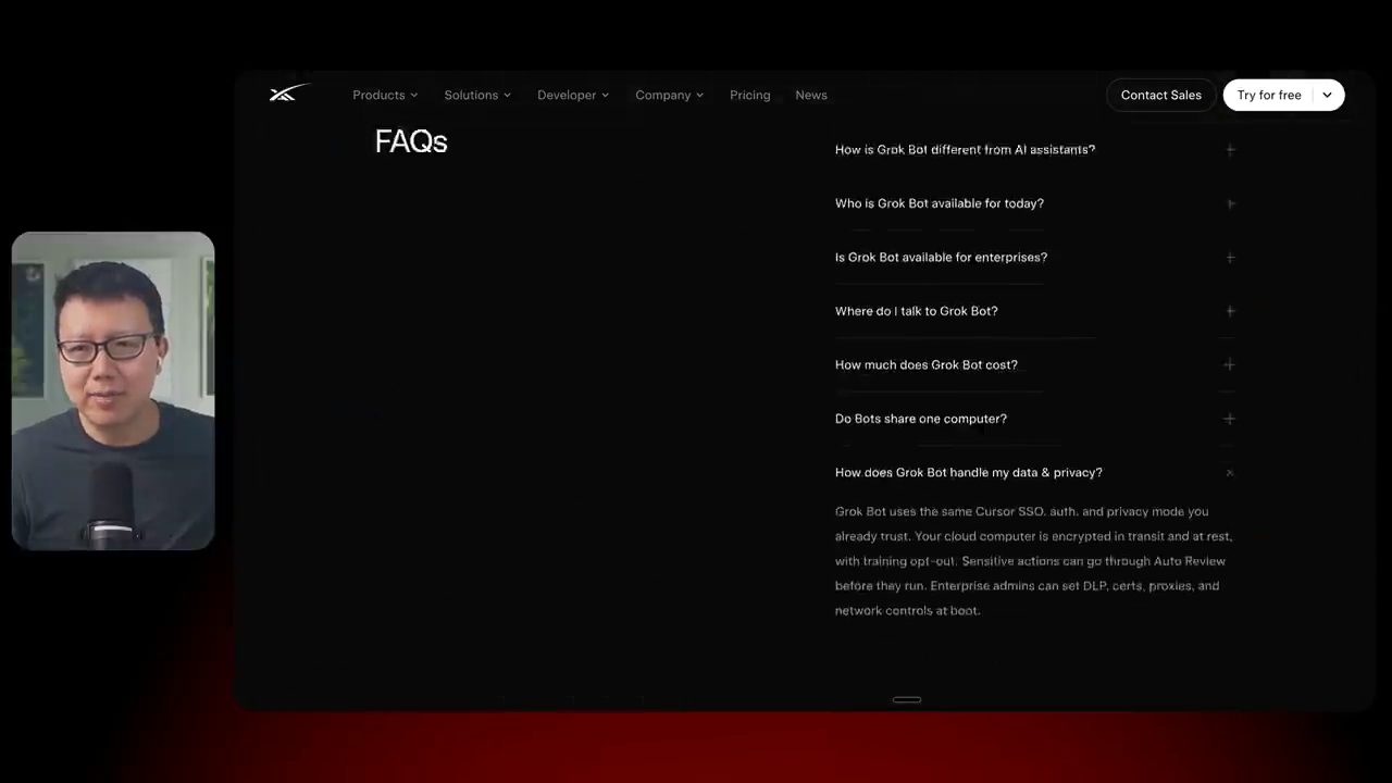 Trang FAQ của Grok Bot, mục How does Grok Bot handle my data and privacy đang mở