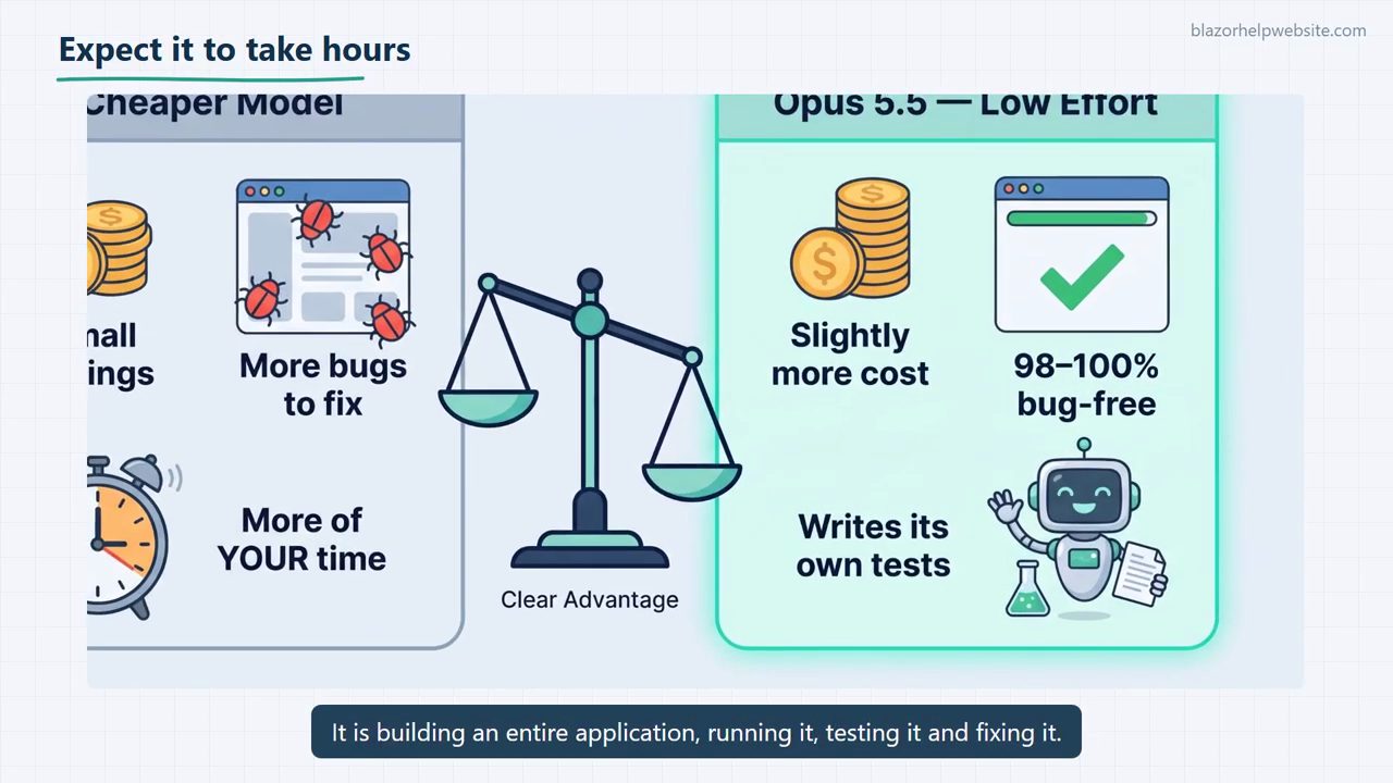 Slide so sánh Cheaper Model với Opus 5.5 Low Effort trên một cái cân: bên trái More bugs to fix, More of YOUR time; bên phải Slightly more cost, 98–100% bug-free, Writes its own tests