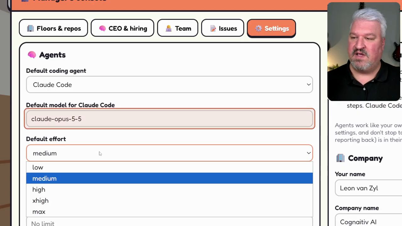 Tab Settings trong Manager's console với ô chọn coding agent, model và effort