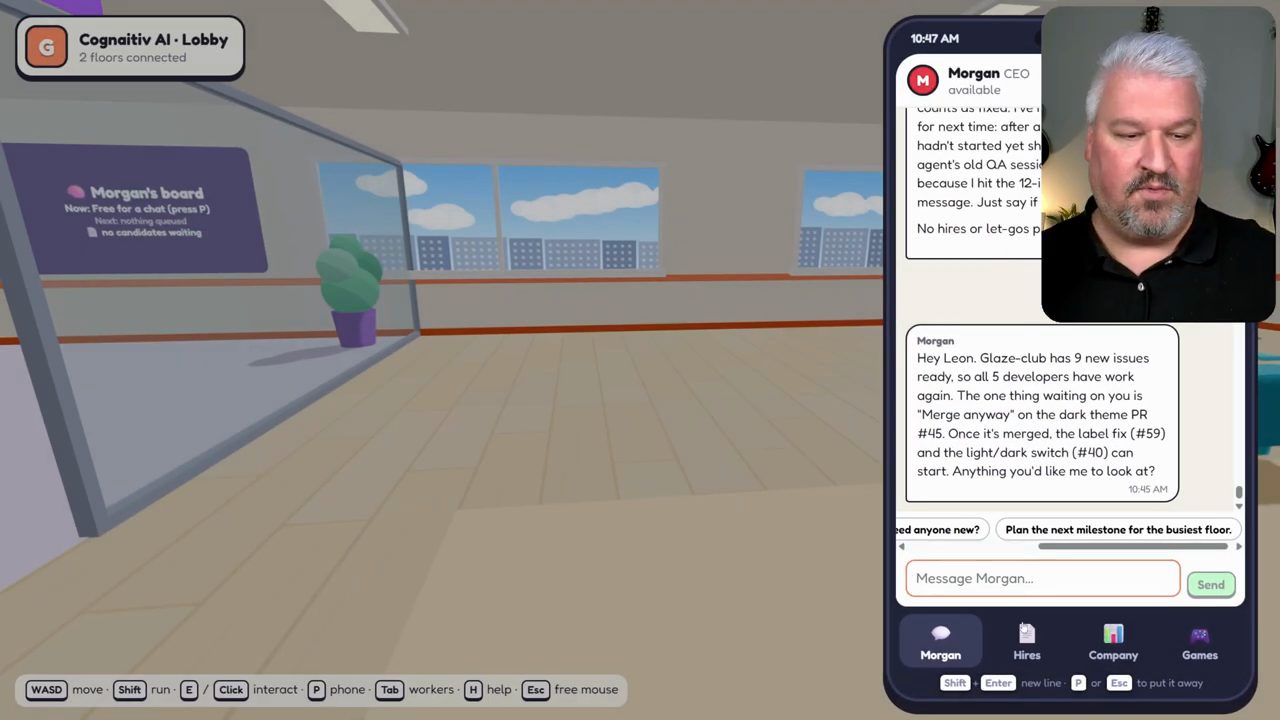 Điện thoại trong game hiển thị cuộc chat với Morgan, CEO