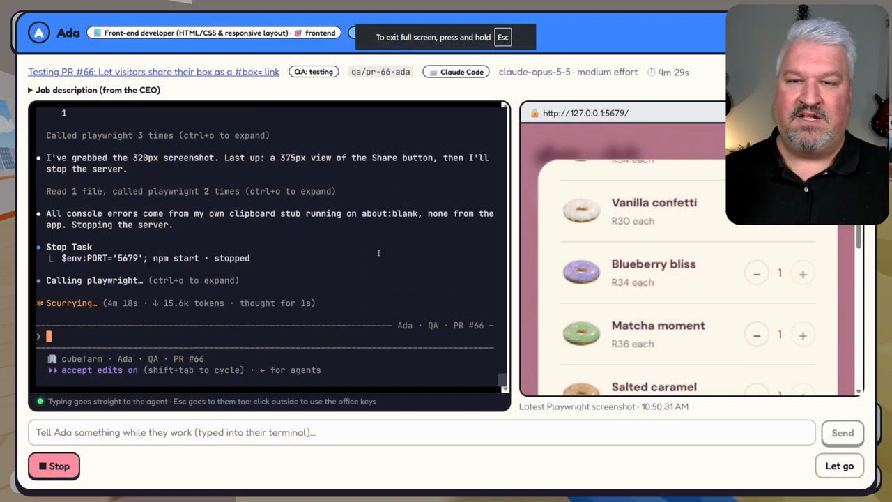 Màn hình phóng to của agent Ada với terminal bên trái và preview website donut bên phải