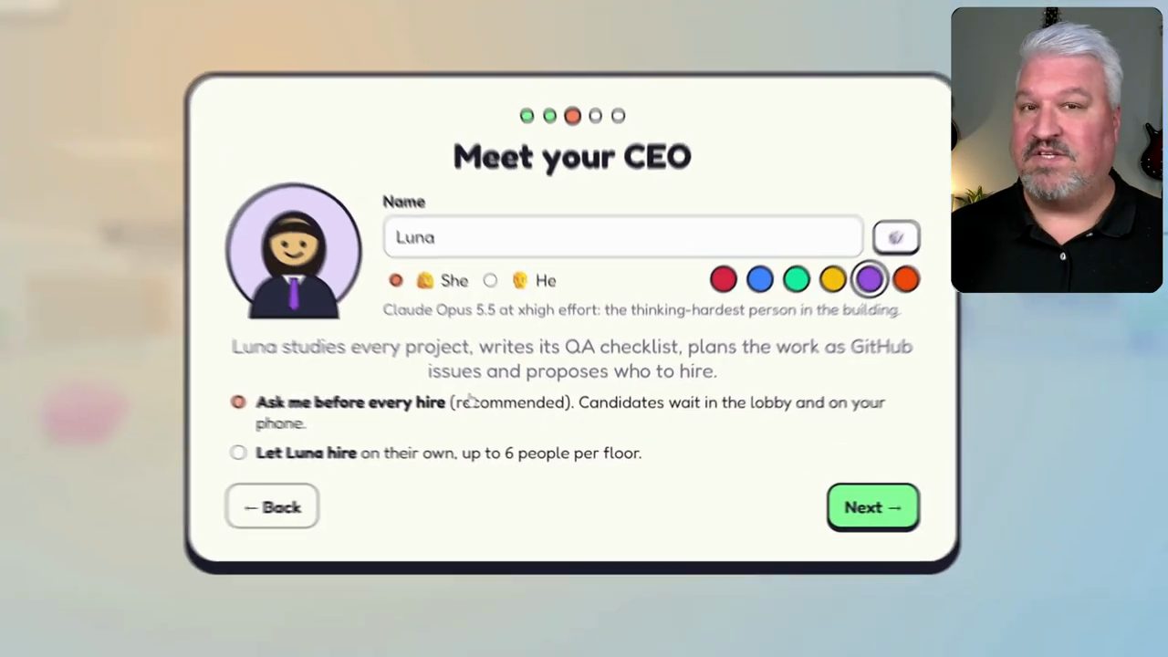 Bước Meet your CEO trong wizard, đặt tên CEO là Luna