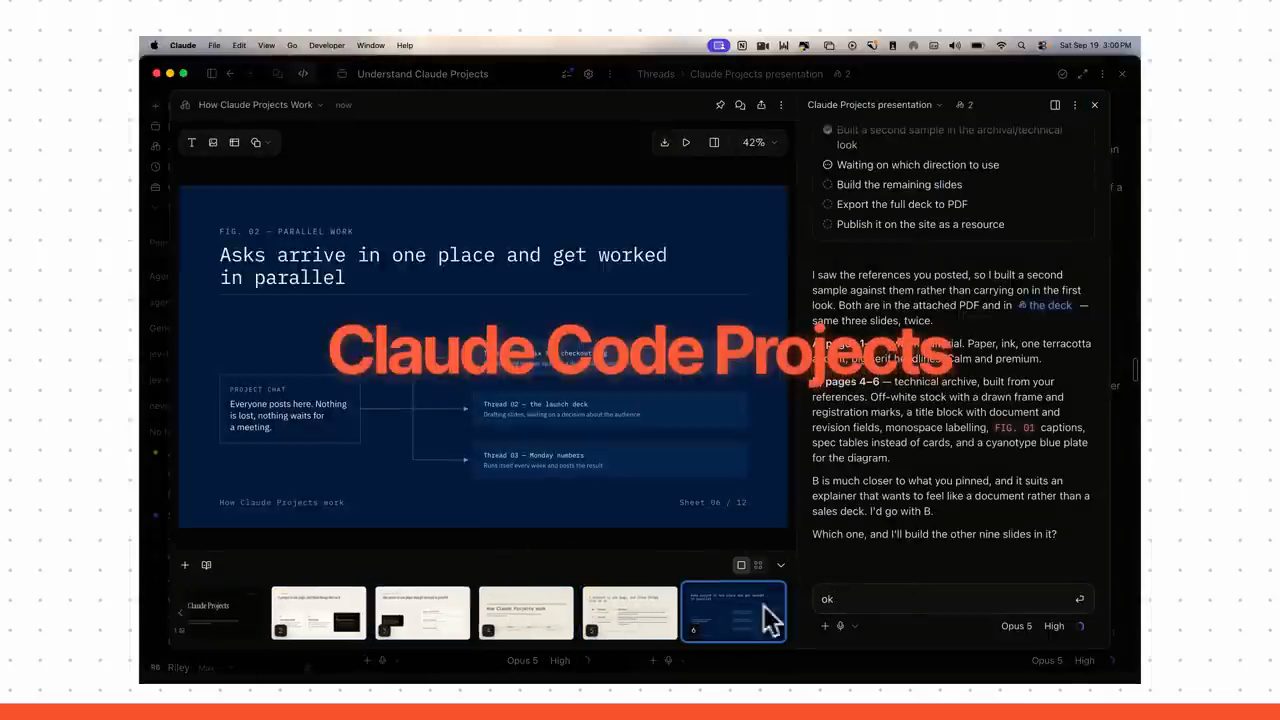 Claude desktop app mở một slide deck trong project, chữ Claude Code Projects đè lên giữa màn hình