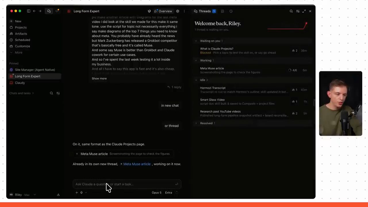 Project Long Form Expert: khung chat chính bên trái, bảng Threads bên phải với các nhóm Waiting on you, Working, Idle