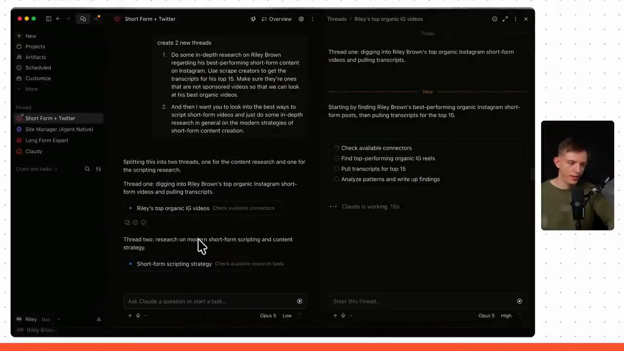 Project Short Form + Twitter: agent chính chia việc thành hai thread, thread bên phải bắt đầu kiểm tra connector