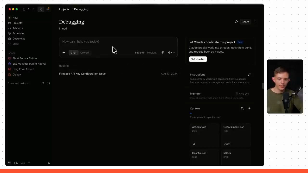 Project cũ Debugging: một ô chat, một cuộc trò chuyện từ 13/08/2024, các mục Instructions, Memory và Context với vài file cấu hình