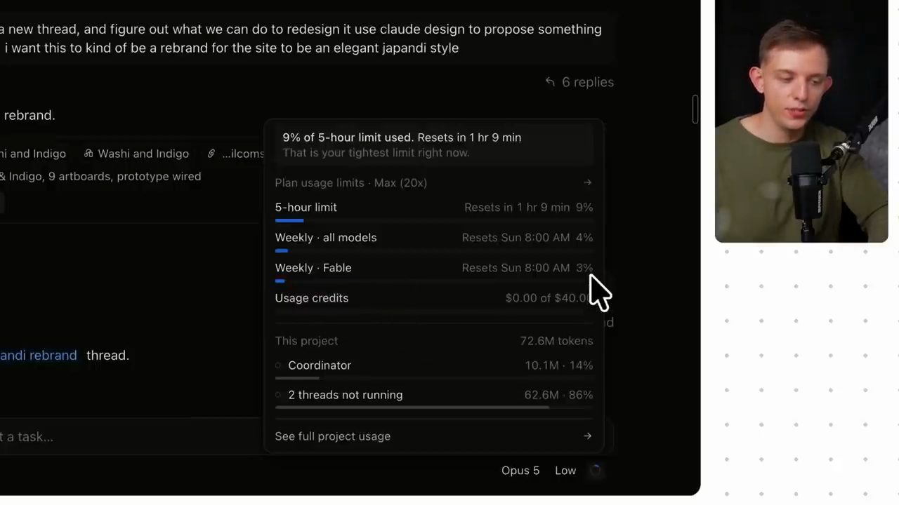 Bảng usage: 9% giới hạn 5 giờ, các giới hạn tuần, usage credits, và project này 72.6M token chia giữa Coordinator và 2 thread