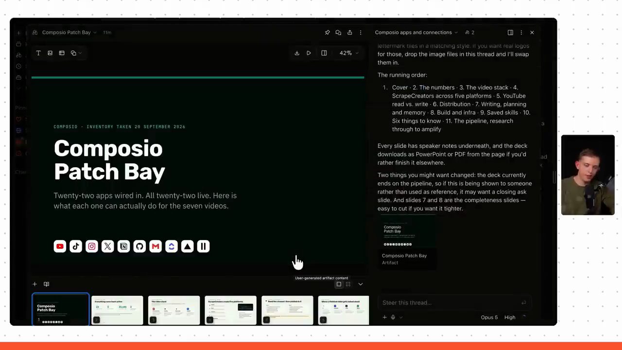 Slide deck Composio Patch Bay: slide bìa với hàng logo app, thanh slide bên dưới, thread bên phải liệt kê thứ tự 11 slide