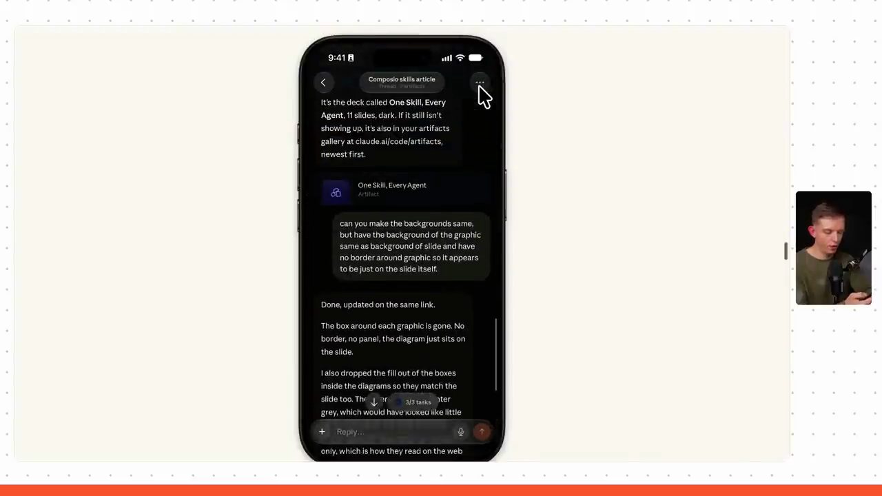 Claude iOS app, thread Composio skills article: deck One Skill, Every Agent 11 slide và một yêu cầu sửa nền, Claude trả lời đã cập nhật