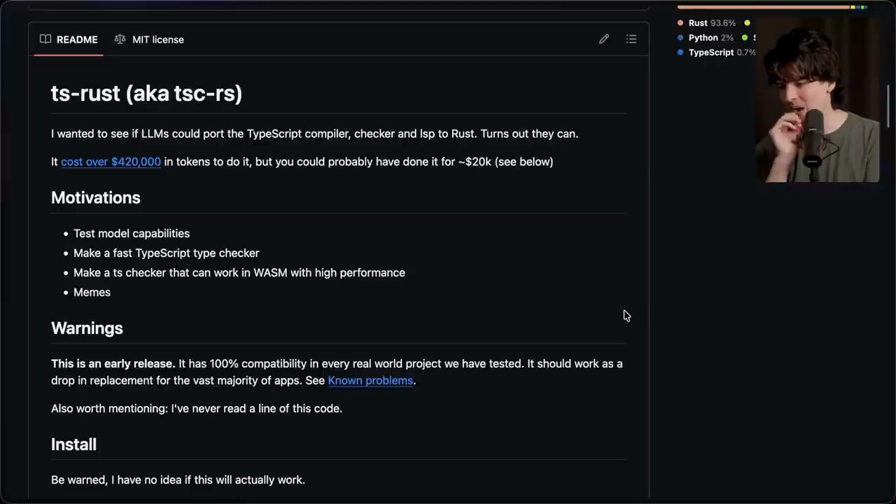 README của repo ts-rust với các mục Motivations, Warnings và Install