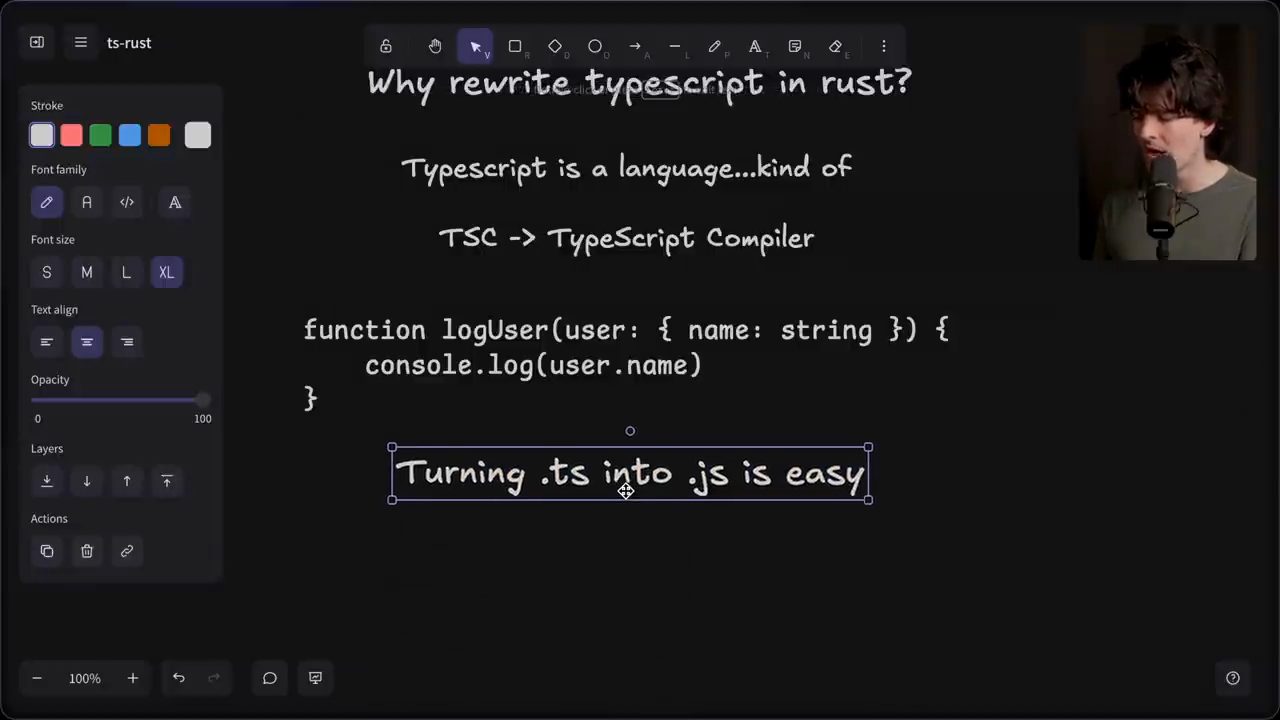 Bảng vẽ: Why rewrite typescript in rust, TSC, function logUser và dòng Turning .ts into .js is easy