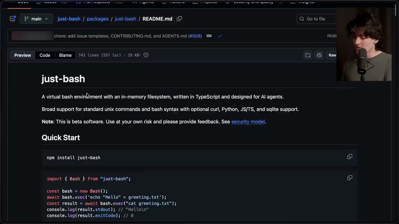 README của just-bash trên GitHub với phần Quick Start