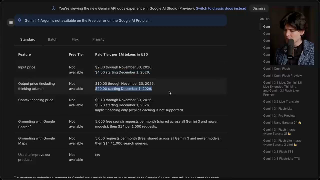 Bảng giá Gemini 4 Argon trên trang tài liệu Gemini API