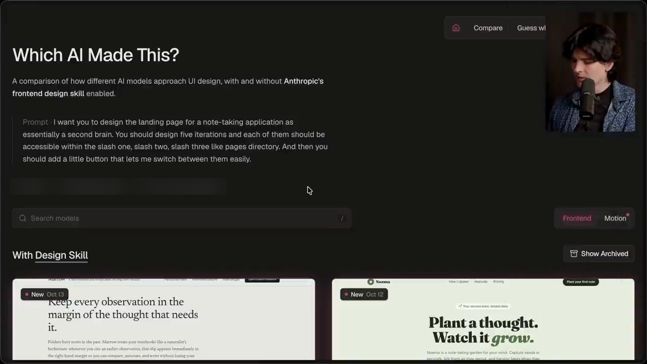 Trang Which AI Made This với prompt thiết kế landing page và mục With Design Skill