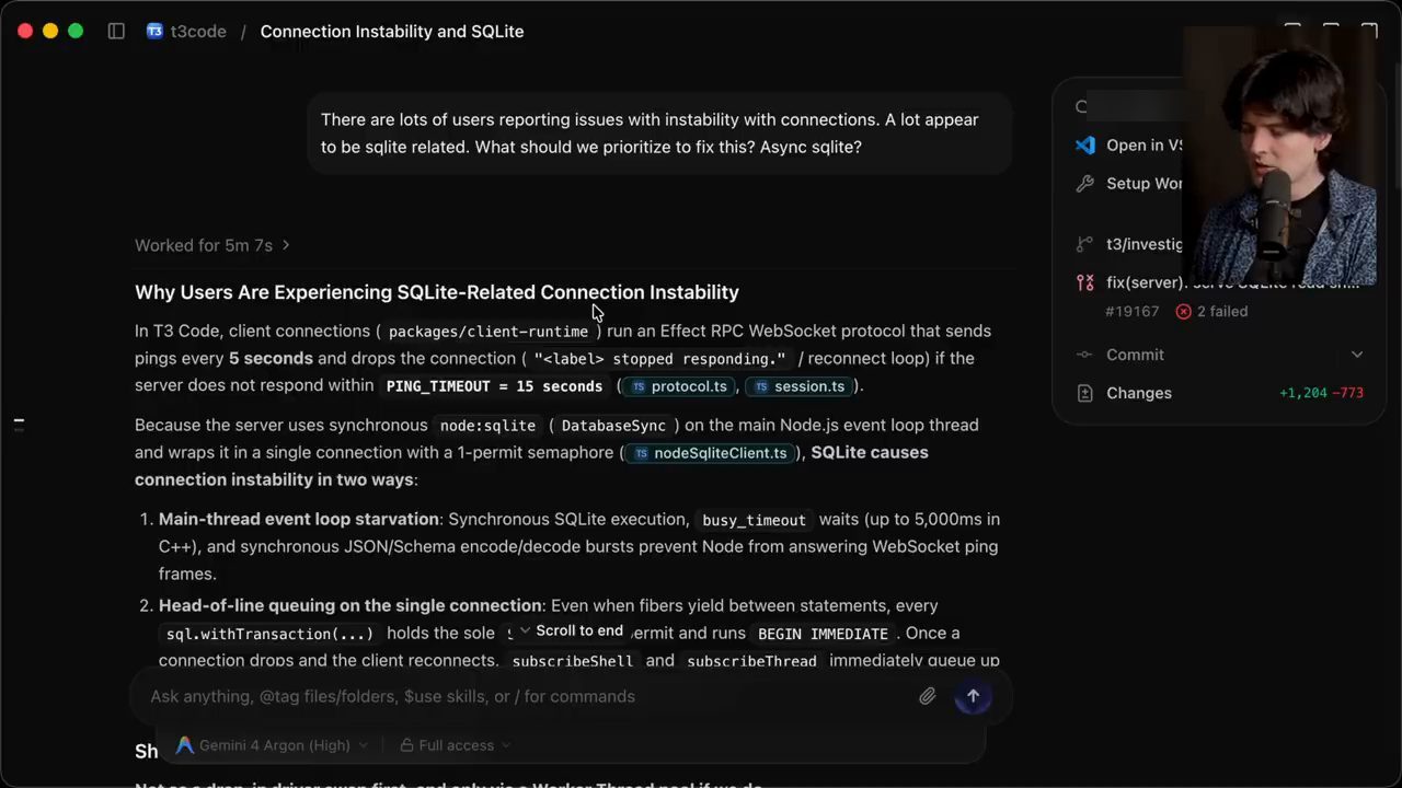 Thread Connection Instability and SQLite trong T3 Code, Gemini 4 Argon phân tích nguyên nhân