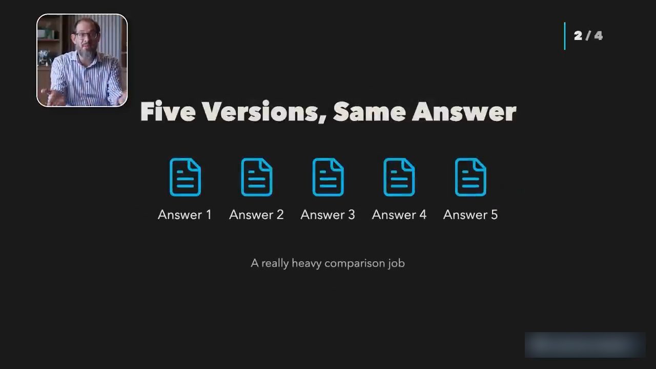 Slide Five Versions, Same Answer với năm biểu tượng tài liệu Answer 1 đến Answer 5